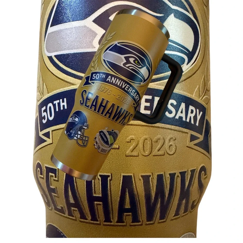 Seattle Seahawks 50th Anniversary 40oz Insulated Tumbler Mug Gold 1976-2026 NFL
